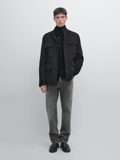 Double wool blend jacket with stand collar