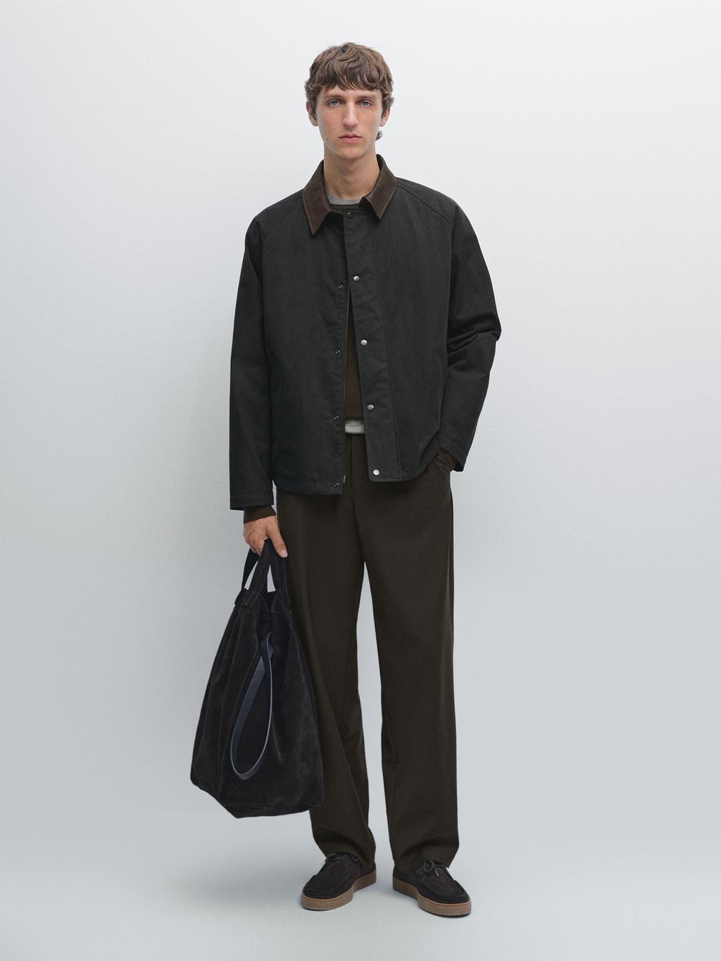 Jacket with leather collar detail