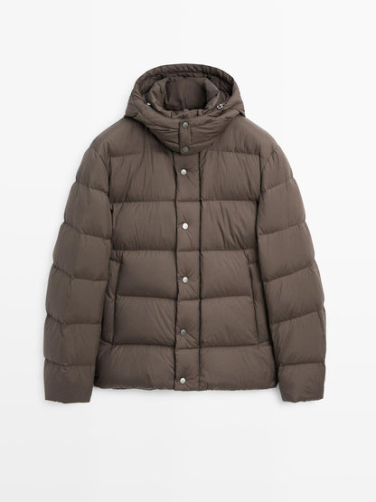 Water-repellent hooded puffer jacket