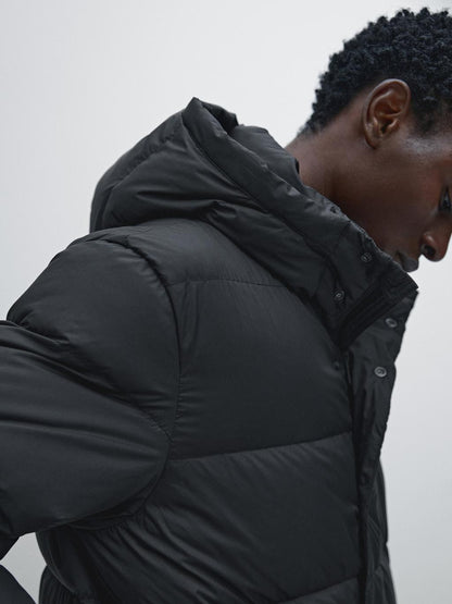 Long water-repellent puffer coat