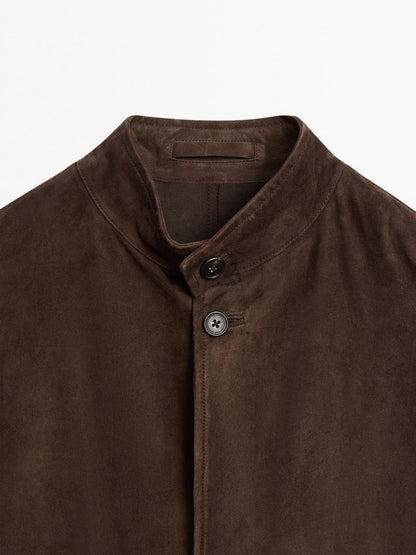 Suede leather stand collar jacket