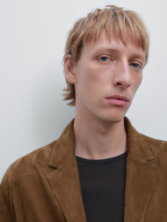 Suede leather blazer with topstitching