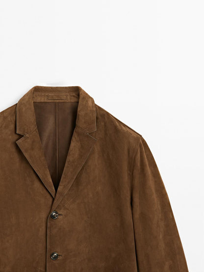 Suede leather blazer with topstitching