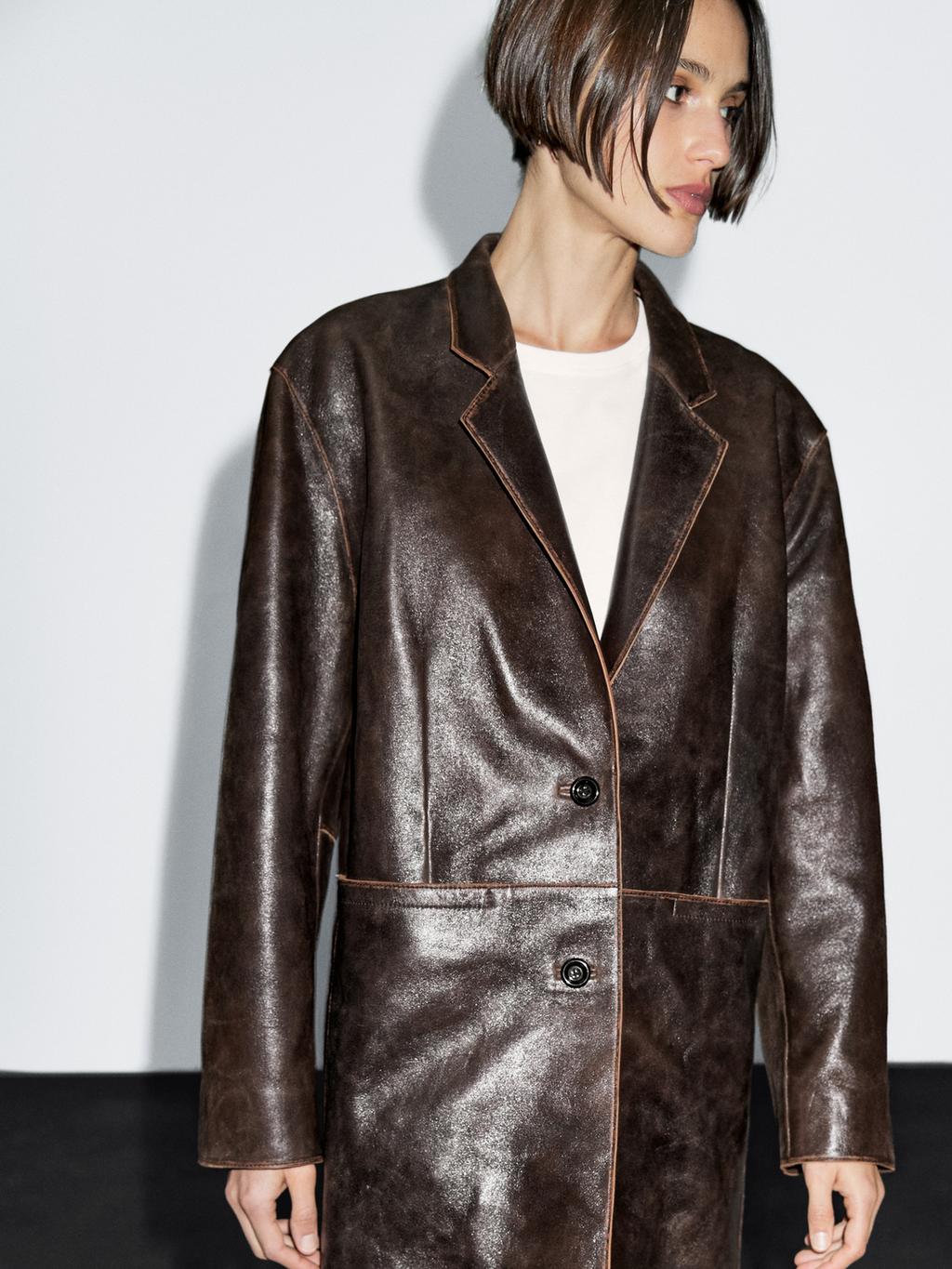 Distressed nappa leather coat