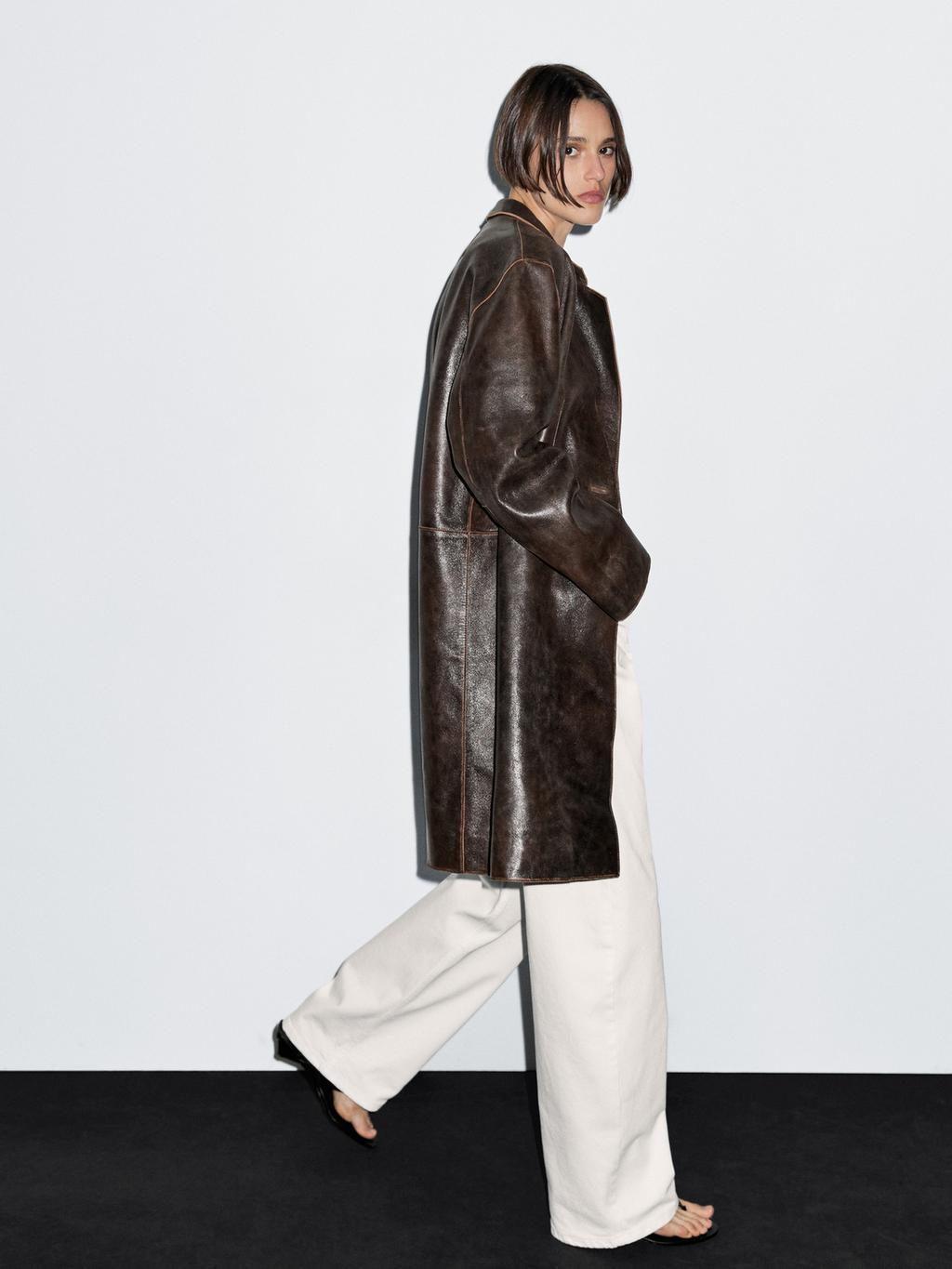 Distressed nappa leather coat