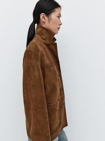 Suede leather blazer with topstitching