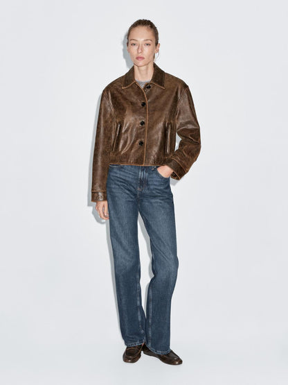 Distressed effect nappa leather cropped jacket