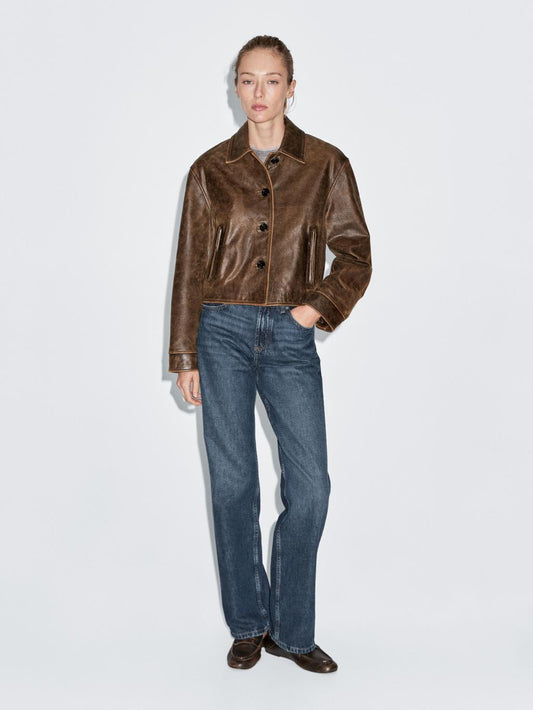 Distressed effect nappa leather cropped jacket