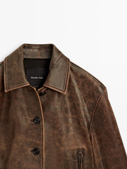 Distressed effect nappa leather cropped jacket