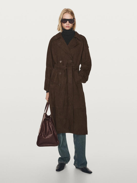 Long suede leather trench coat