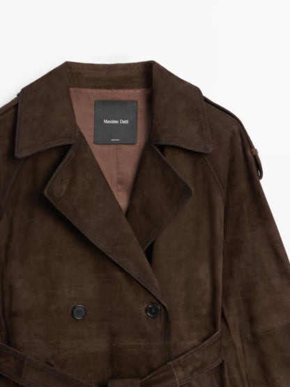 Long suede leather trench coat