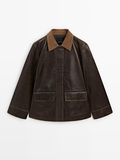 Nappa leather parka with corduroy detail