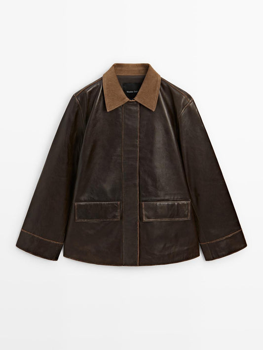 Nappa leather parka with corduroy detail