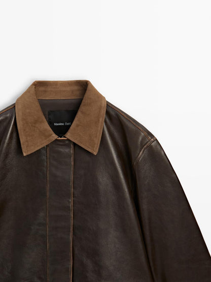 Nappa leather parka with corduroy detail