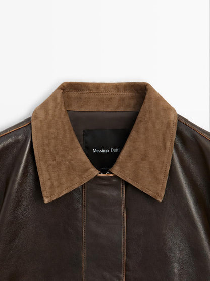 Nappa leather parka with corduroy detail