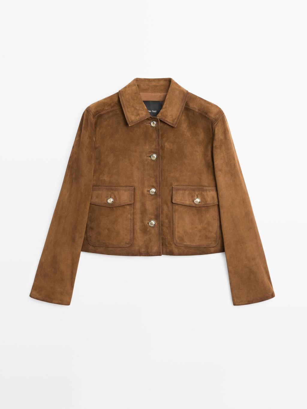 Suede leather jacket with gold-toned buttons