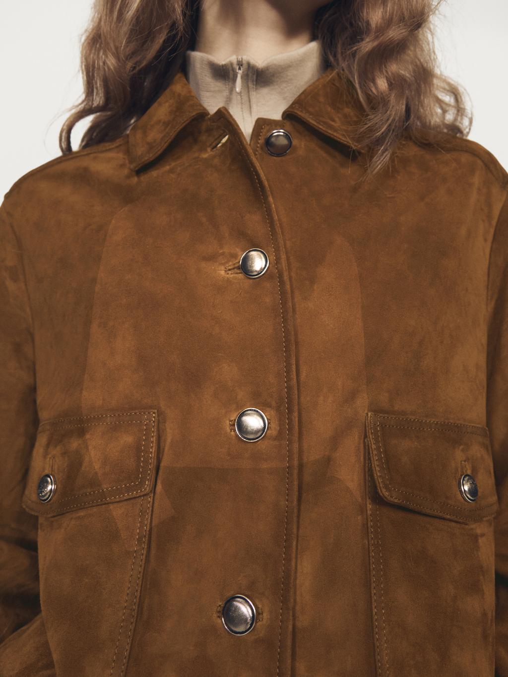 Suede leather jacket with gold-toned buttons