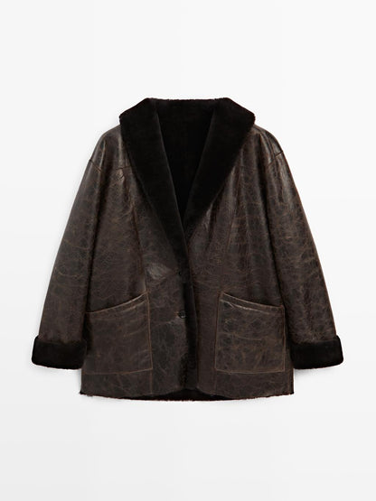 Mouton leather coat with crackled finish