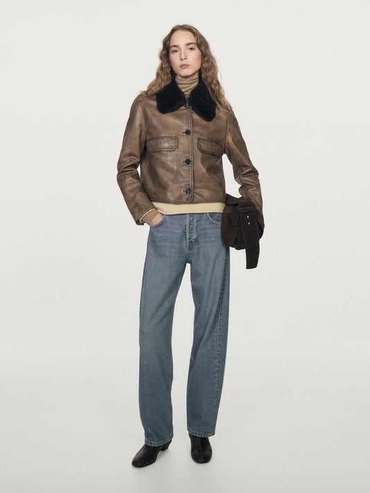 Nappa leather jacket with fur skin collar