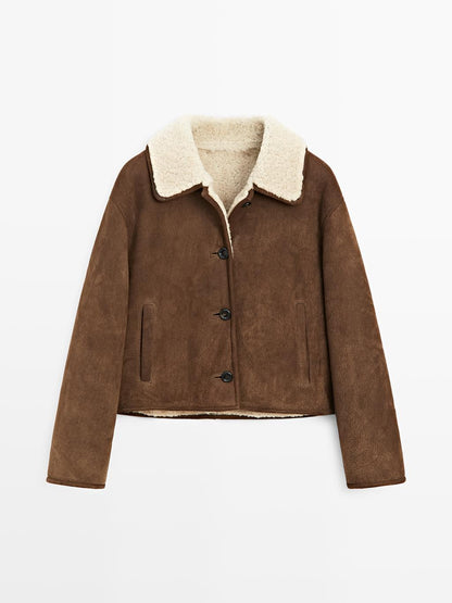 Short leather jacket with faux shearling