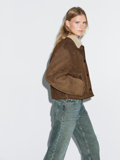 Short leather jacket with faux shearling