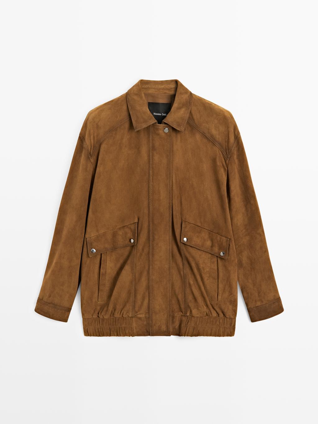 Suede leather bomber jacket with pockets