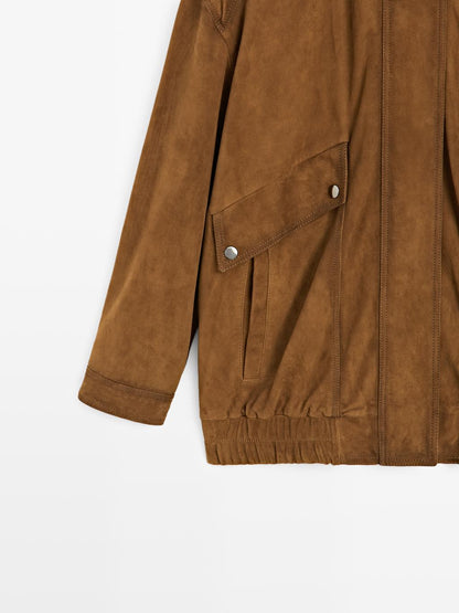 Suede leather bomber jacket with pockets