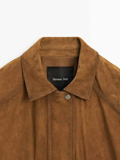 Suede leather bomber jacket with pockets