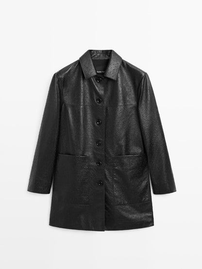 Long textured nappa leather coat