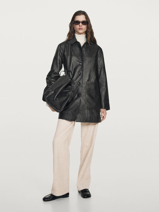 Long textured nappa leather coat