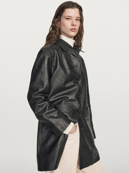 Long textured nappa leather coat