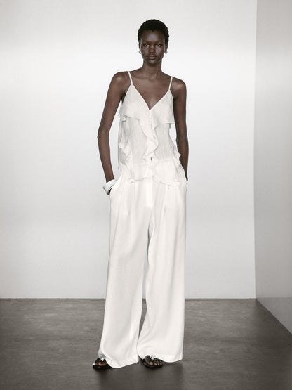 Linen blend darted palazzo trousers