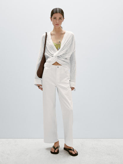 Cotton blend straight-leg cropped trousers