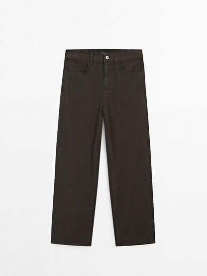 Cotton blend straight-leg cropped trousers