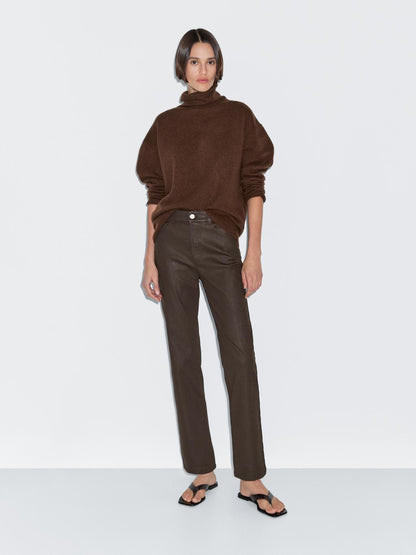 High-waist straight-leg waxed trousers