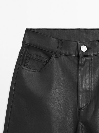 High-waist straight-leg waxed trousers