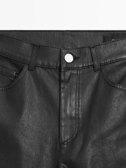 High-waist straight-leg waxed trousers