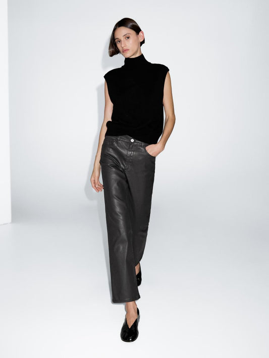 High-waist straight-leg waxed trousers
