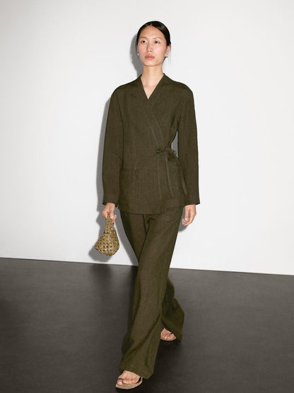 100% linen straight-leg trousers