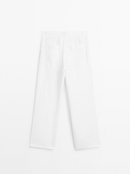 100% linen wide-leg mid-rise trousers