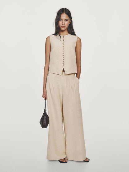 Linen blend darted wide-leg trousers