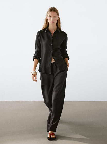 Flowing linen blend barrel fit trousers