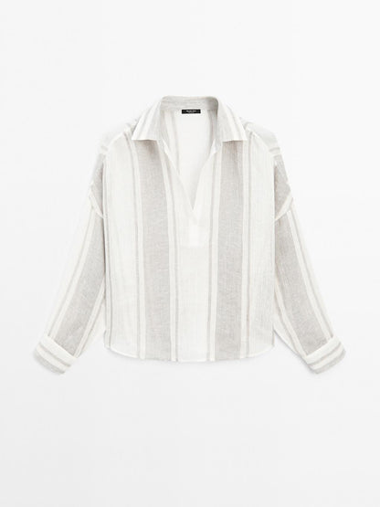Flowing striped linen blend blouse