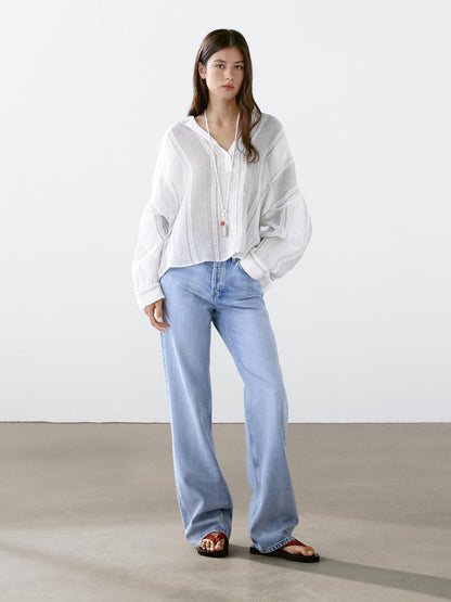 Flowing striped linen blend blouse