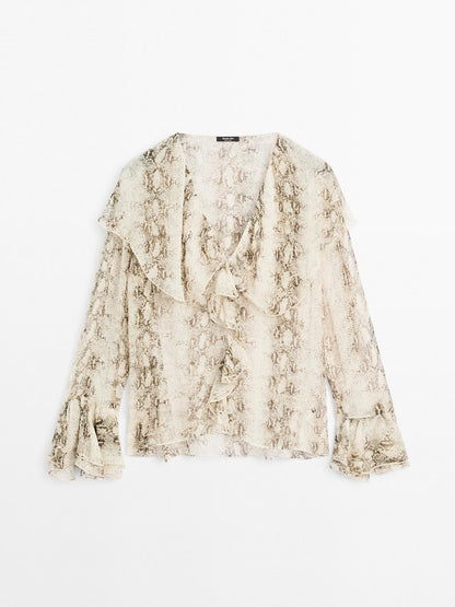 Snakeskin print blouse with ruffles