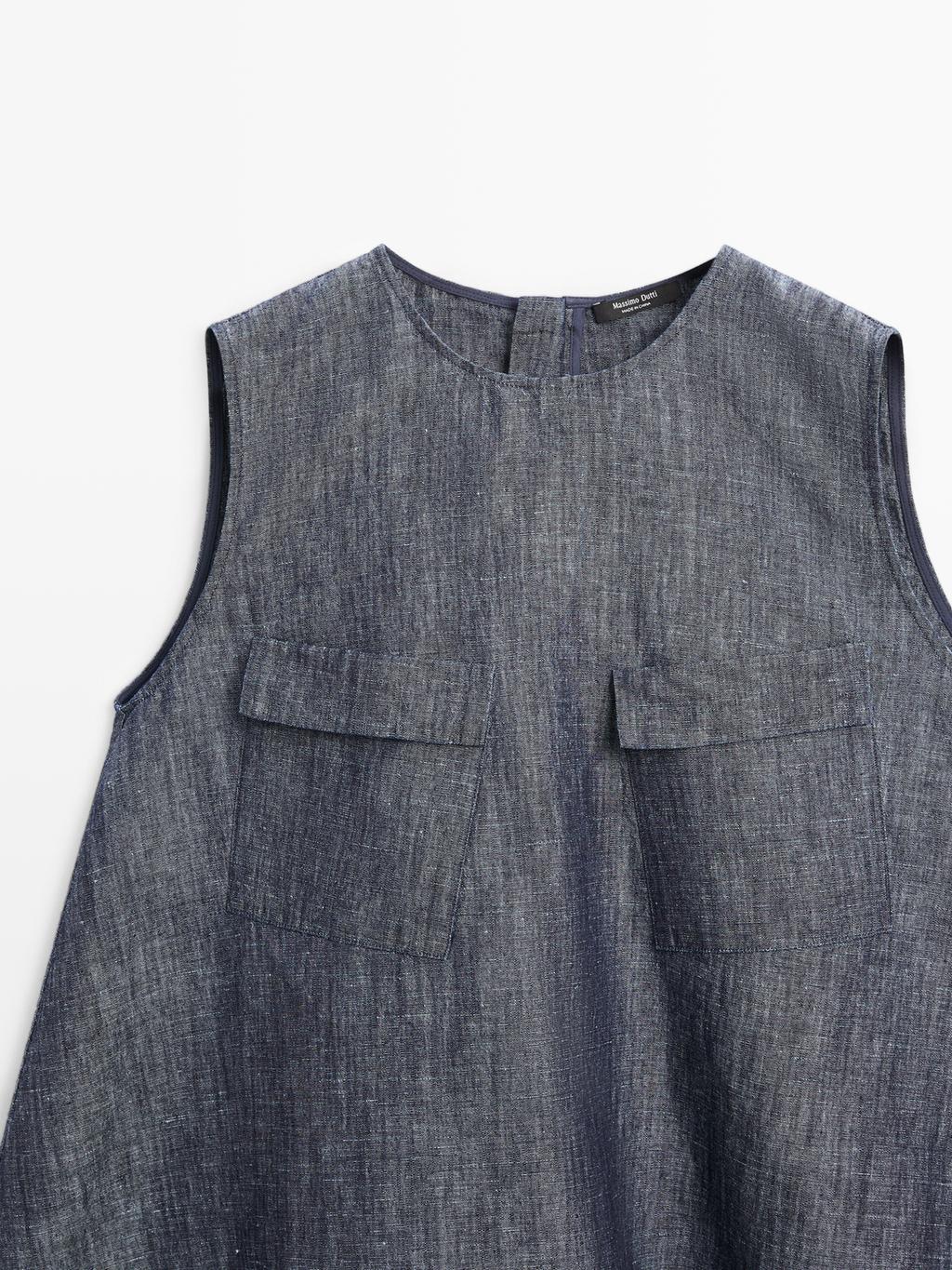 Cotton and linen denim blouse with pockets