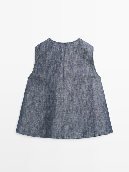 Cotton and linen denim blouse with pockets