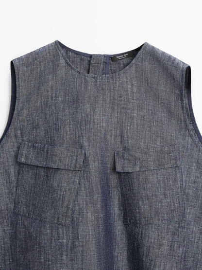Cotton and linen denim blouse with pockets