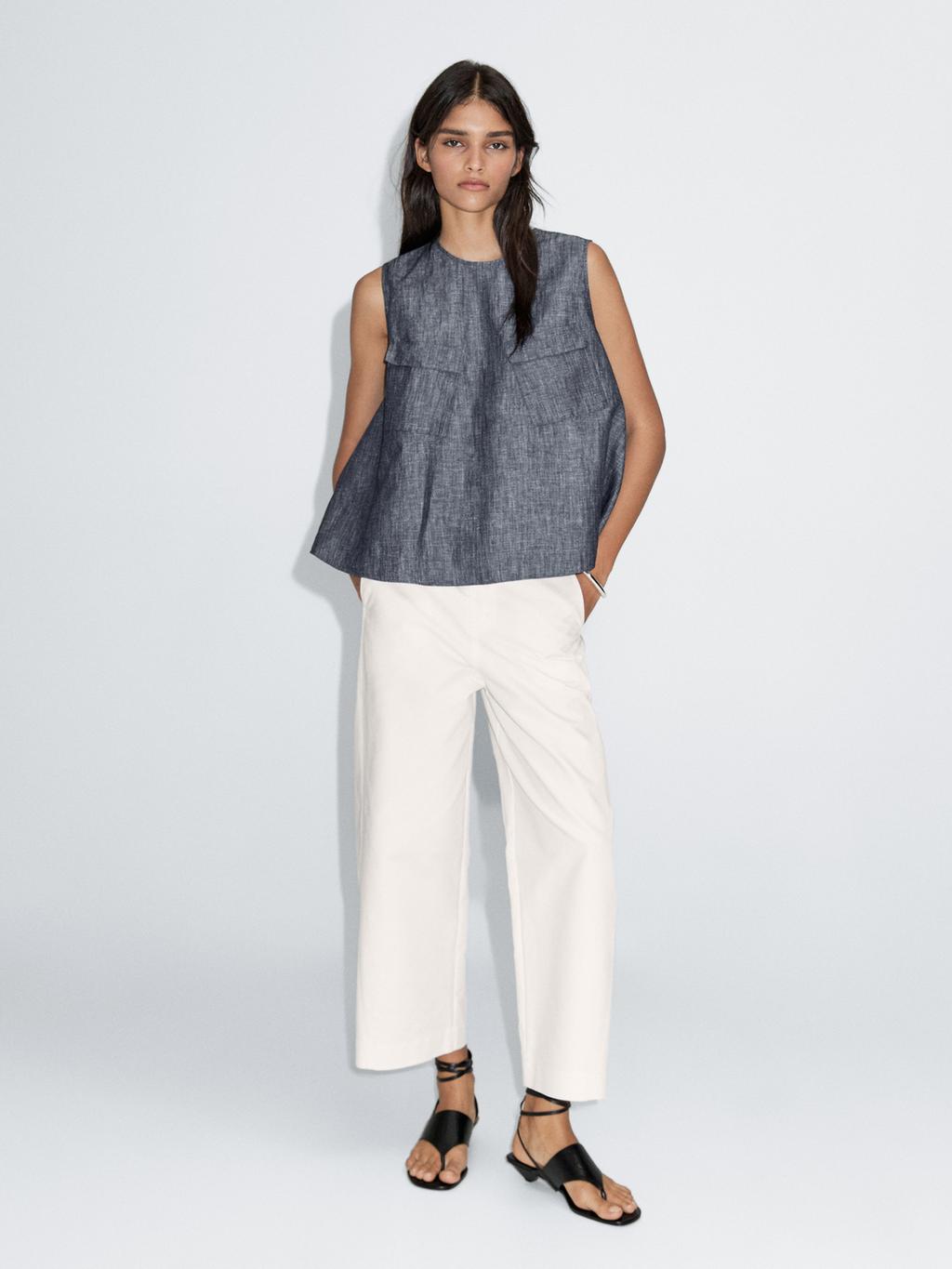 Cotton and linen denim blouse with pockets