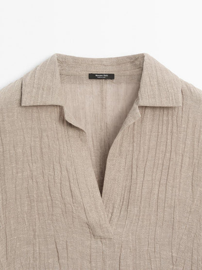 Flowing linen blend blouse with open neckline
